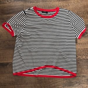 Women’s Black and White Striped Top with Red Trim